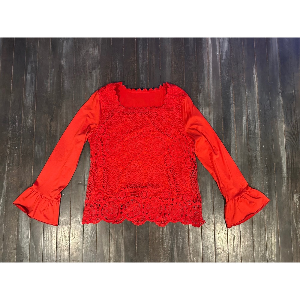 Womens Red Crochet Overlay Long Sleeve Blouse Ruffle Bell Cuff Top
